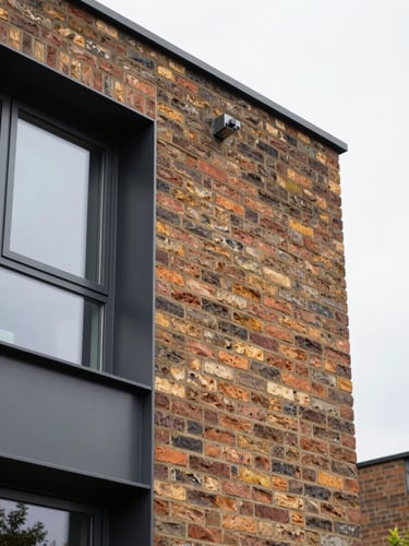 Close-up architectural detail shot of a contemporary UK residential facade — precise brickwork coursing meeting a powder-coated steel window frame, photographed under soft overcast natural daylight, no people, sharp material texture