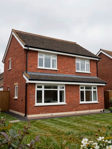 Wide environmental shot of a completed two-storey rear extension on a red-brick semi-detached house, photographed from the garden under clear UK overcast daylight, full facade visible with new glazing and clean render finish, no people