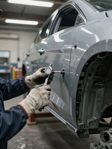 Close-up environmental shot inside an auto collision bay, a car body panel mid-repair on the right, a technician's gloved hands measuring alignment points with a precision gauge, overhead fluorescent shop lighting, dark concrete floor visible below, facility depth visible in background
