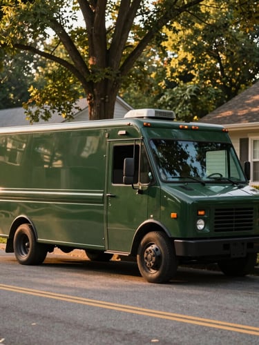 A pristine, dark forest green moving truck parked on a clean, sunlit residential street in Maryland, warm golden hour light, editorial composition