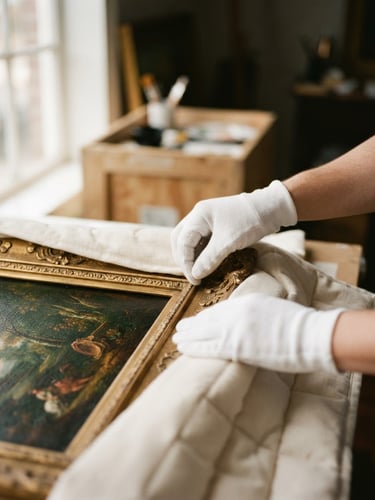 Editorial close-up of hands in white gloves carefully wrapping a gold-framed painting in protective padded fabric, warm natural light, shallow depth of field