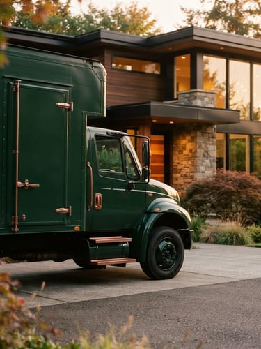 Editorial medium-to-close-up shot of a pristine, dark forest green moving truck parked in front of a beautiful modern home, warm golden-hour light, shallow depth of field, 35mm