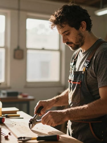 A local Brazilian business owner in a sunlit workshop, holding tools, warm morning daylight, authentic candid moment, shallow depth of field