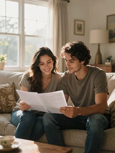 A warm, bright Brazilian living room with sunlight streaming through a window, a young couple sitting on a sofa looking over documents together, smiling naturally.