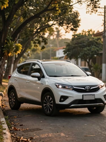 A modern clean SUV parked on a quiet tree-lined neighborhood street in Brazil, soft golden afternoon light, warm tones, shallow depth of field.