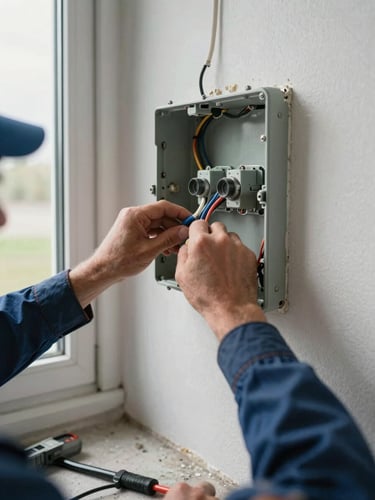 Environmental wide shot of an electrician's hands connecting wires inside an open wall junction box, natural light from a window to the left, exposed conduit visible along the wall, concrete floor below, tools on the surface nearby