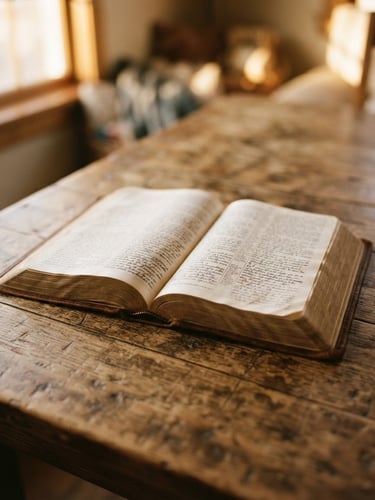 An open Bible resting on a rustic wooden table, soft morning window light illuminating the pages, warm organic tones, shallow depth of field, 35mm.