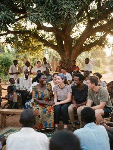Warm editorial photography of an open-air community gathering under a large tree, soft golden hour light filtering through leaves, local believers and mission team members smiling together, 35mm.