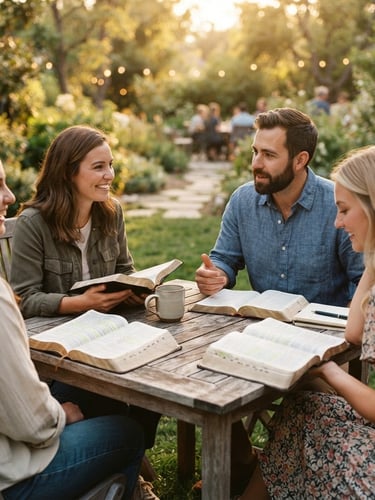 Warm editorial photography of a small group discipleship circle gathered outdoors at golden hour, open Bibles on a wooden table, soft natural light, shallow depth of field, 35mm.