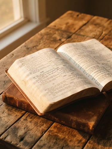 An open Bible resting on a rustic wooden table, soft golden-hour natural light streaming across the pages, warm organic tones, shallow depth of field