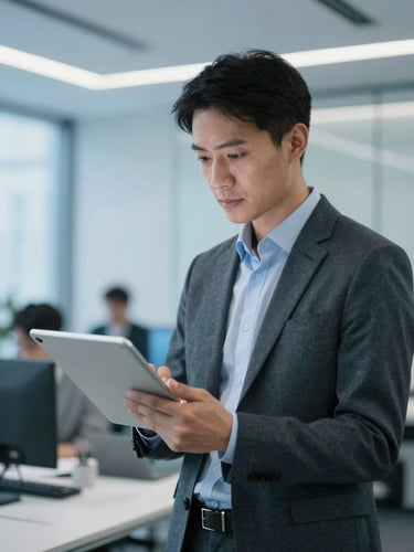 Professional IT consultant in a modern bright corporate office, looking at a tablet, soft blue ambient lighting, sharp focus, 35mm