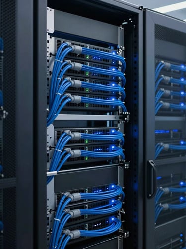Medium close-up of organized server racks with clean blue cabling, glowing LED indicator lights, professional cool-toned corporate tech environment, 35mm