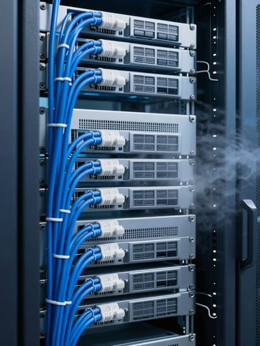 Close-up of organized server racks with clean blue and white cabling, subtle cooling mist, high-tech corporate datacenter, professional photography