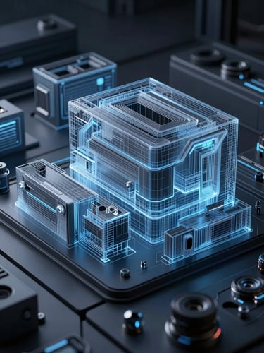 Orthographic 3D render of a complex user interface system with wireframe overlays, cool artificial blue key light, high-contrast shadows, sharp architectural lines.