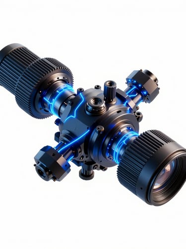 Orthographic 3D render of a complex mechanical node, glowing electric blue vector lines, high-contrast artificial studio lighting, white background.