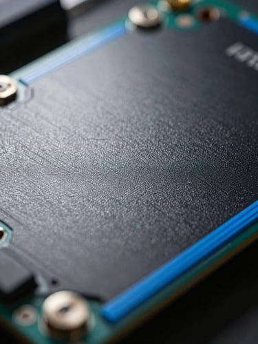 Extreme close-up of a digital texture on a high-end hardware component, cool artificial studio lighting, sharp directional key lights, high-contrast shadows, electric blue accents.