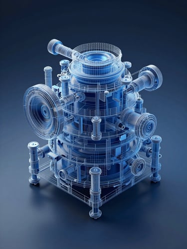 Orthographic 3D render of a complex mechanical wireframe, cool artificial blue light, sharp shadows, technical blueprint aesthetic