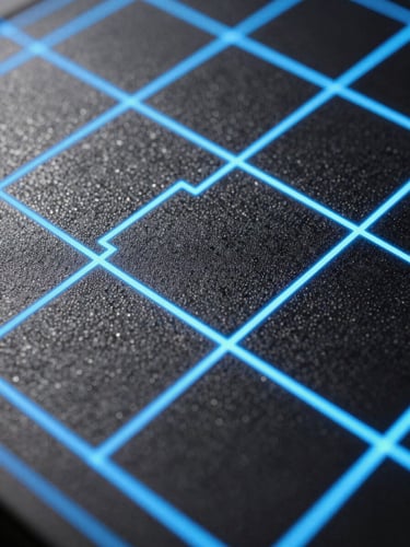 Extreme macro close-up of a digital texture grid with glowing electric blue coordinate lines, high-contrast shadows, sharp technical details, isometric perspective.