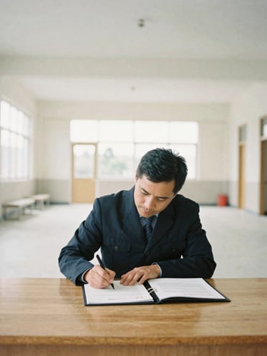 Medium-wide shot of a local municipal authority representative signing handover documents on a wooden table inside a newly completed community hall, bright natural overcast light, desaturated organic tones, medium format film.