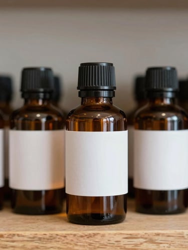 Straight-on macro photograph of clean, amber glass apothecary bottles with minimalist white labels, organized on a light oak shelf, soft diffused daylight.