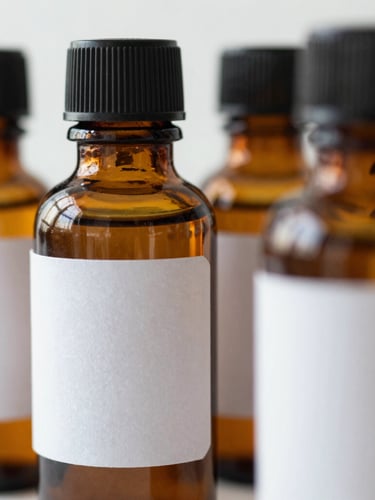 Close-up of amber glass apothecary bottles with clean, minimal white labels, bright diffused daylight.