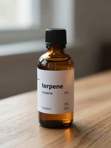 A close-up of a clean, amber glass apothecary bottle with a white, minimalist label detailing terpene percentages, sitting on a light oak table under soft, diffused window light.