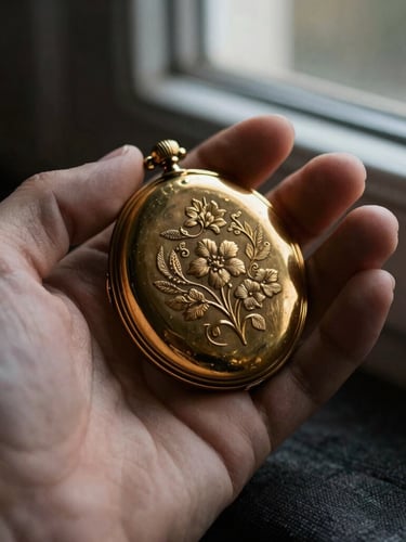 Macro photograph of a hand holding an antique gold locket against dark linen, soft window side-light emphasizing the hand-engraved floral details.