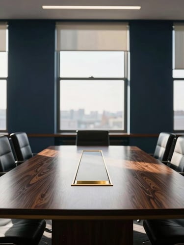 Symmetrical composition of a quiet, professional boardroom with a dark oak table and brass accents, natural low-angle sunlight filtering through large windows, 35mm
