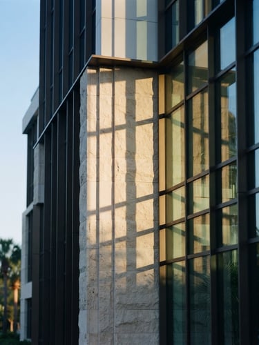 Architectural detail of a modern limestone and glass corporate building in Winter Park, soft morning sunlight casting long geometric shadows, editorial 35mm photography