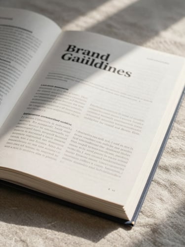 A close-up, high-texture photograph of an open physical brand guidelines book on a heavy linen table, soft morning light casting gentle shadows across printed typography.