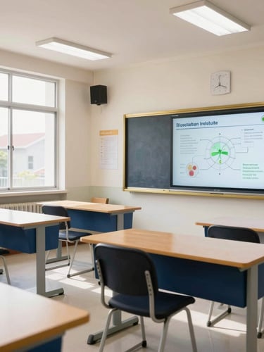Bright modern coaching institute classroom in Tamil Nadu, clean desks, interactive smart board showing biology diagrams, natural daylight streaming through large windows.