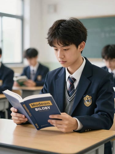 A focused high school student studying modern biology textbooks under clean indoor lighting, navy and gold accents, professional academic photography.