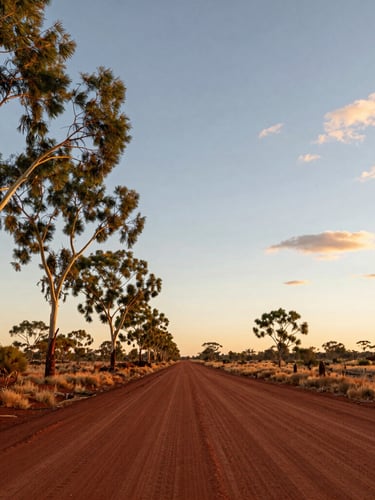 A wide-angle cinematic shot of a dusty red outback road in South Australia during golden hour, low-angle natural light, vast open sky with soft clouds, eucalyptus trees framing the left side.