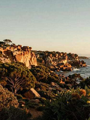 Wide-angle cinematic shot of South Australian rugged coastline at golden hour, deep eucalyptus green scrub meeting the sandstone cliffs, soft low-angle daylight, no people