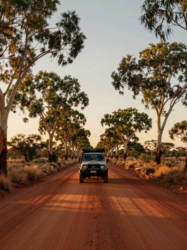 Wide environmental shot of a 4WD vehicle driving on a dusty red dirt road lined with ancient eucalyptus trees in South Australia, warm golden hour light, cinematic composition