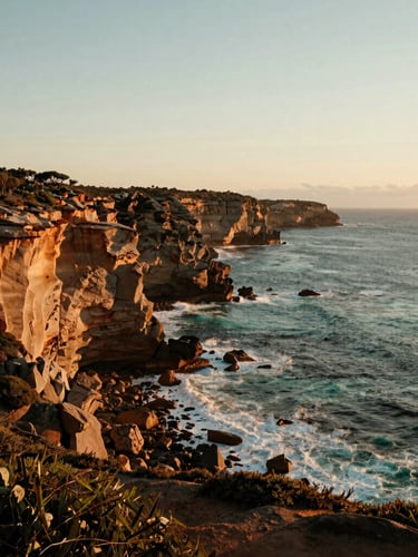 A wide-angle cinematic shot of a rugged coastline at golden hour, dramatic cliffs meeting the turquoise ocean, Fleurieu Peninsula, South Australia, warm low-angle sunlight casting long shadows.