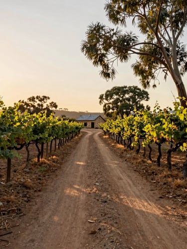 A narrow dirt road winding through ancient, gnarled grapevines in McLaren Vale at golden hour, a single rustic stone cottage in the far distance, warm sunlight filtering through leaves.