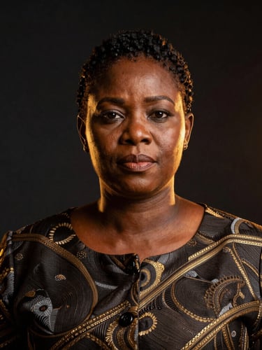Dramatic editorial portrait of an African female leader in Malabo, looking forward with absolute confidence, warm golden rim light, deep charcoal background, bleed right