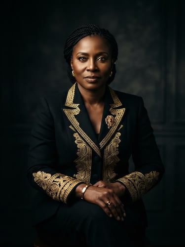 Editorial portrait of an Equatorial Guinean female leader in a tailored black suit with gold accents, looking directly at the camera, dramatic low-key lighting, rich gold highlights, studio background