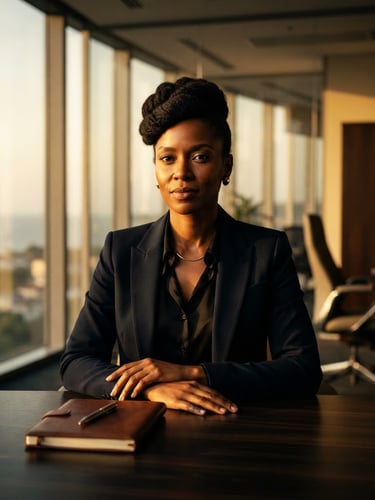 Editorial portrait of an African female executive in a modern Malabo boardroom, warm golden-hour lighting, sharp focus, high-contrast, 85mm lens
