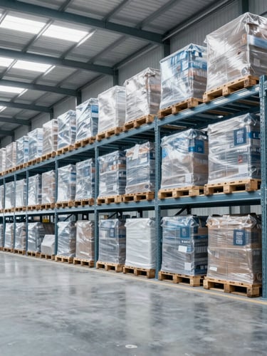 Modern industrial warehouse interior with organized bulk cargo pallets on high racks, clean concrete floor, cool daylight filtering through, professional photography