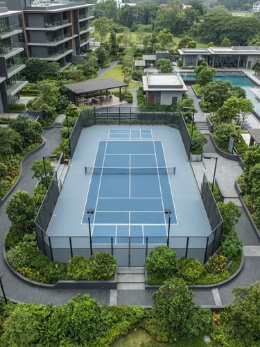 Drone shot of a modern high-end condominium sports court, clean architectural lines, soft overcast daylight, rich natural greens and deep grays
