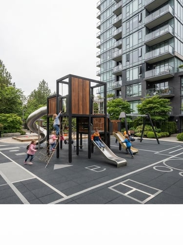 Architectural outdoor photography of modern condominium playground, seamless dark gray rubber flooring with clean geometric lines, soft overcast daylight, sharp details