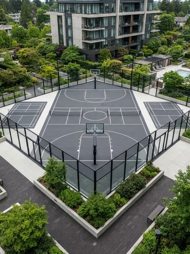 Drone wide-angle shot of a premium geometric sports court in a luxury condominium, clean lines, soft overcast daylight, architectural outdoor photography