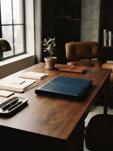 Wide shot of a minimalist executive desk, polished wood surface, neatly organized documents, a sleek fountain pen, and a high-end leather portfolio, soft diffused natural light, deep shadows, editorial lifestyle photography.