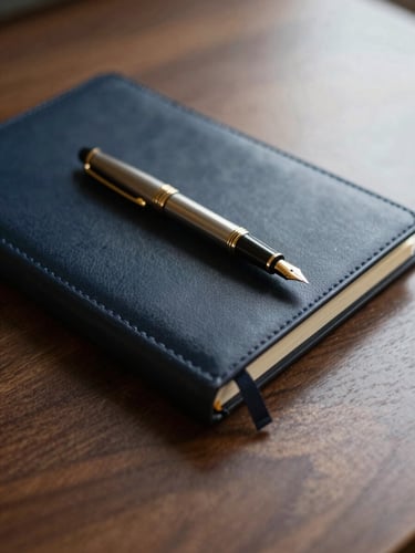 Close-up of polished wood desk with elegant fountain pen and leather-bound notebook, soft diffused natural light, deep shadows, 35mm, editorial lifestyle photography, deep navy and muted gold tones.