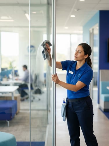 A professional cleaning technician in a crisp uniform meticulously wiping down a modern office glass partition, bright natural daylight, royal blue accents, sharp focus, 35mm.