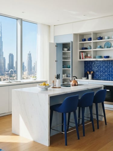 Clean editorial photography of a spotless modern kitchen in Dubai, bright natural daylight, crisp royal blue accents, sharp focus, 35mm