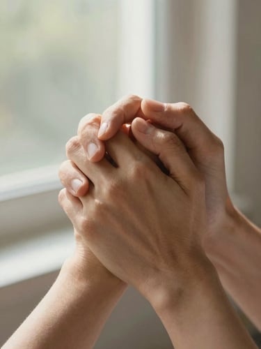 Close-up of two hands clasped tightly in support, warm natural morning light filtering through a window, soft focus background, expressing deep clinical empathy and safety.