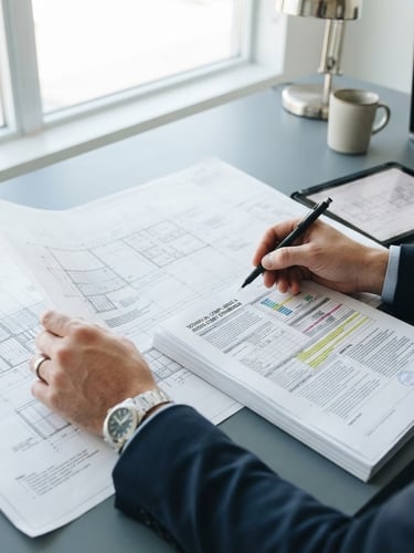 Close-up of hands reviewing technical compliance documents and blueprints on a clean modern office desk, bright natural daylight, cool slate tones